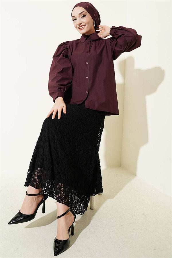 Balloon Sleeve Basic Short Shirt, Plum