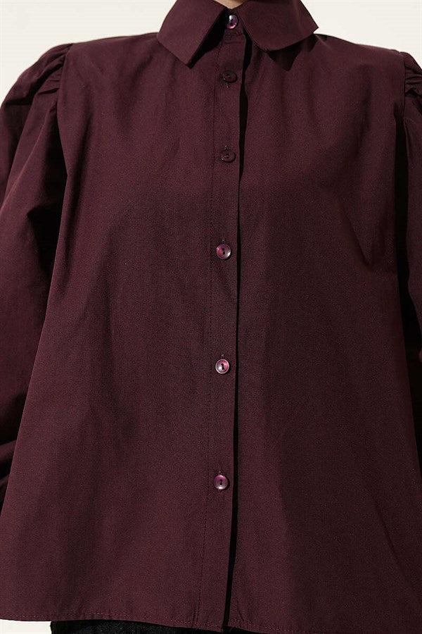 Balloon Sleeve Basic Short Shirt, Plum