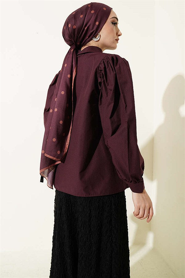 Balloon Sleeve Basic Short Shirt, Plum