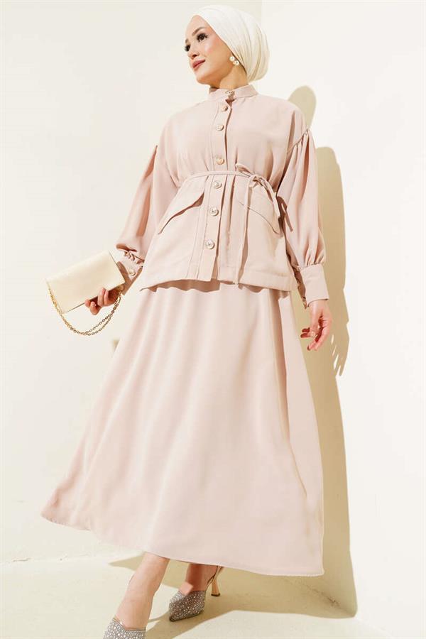 Balloon Sleeve Waist Rope Tied 2 Piece Set Beige