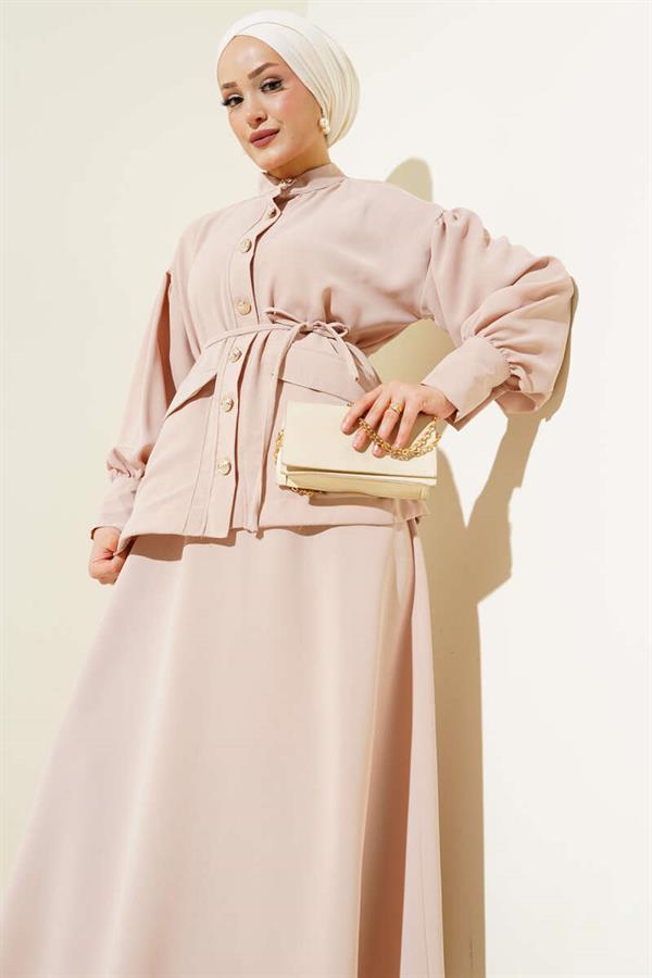 Balloon Sleeve Waist Rope Tied 2 Piece Set Beige