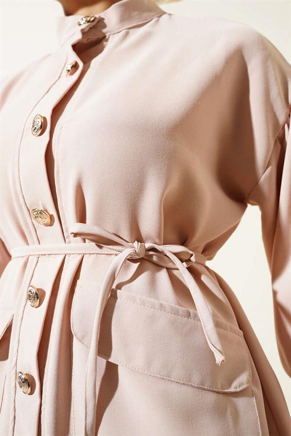 Balloon Sleeve Waist Rope Tied 2 Piece Set Beige