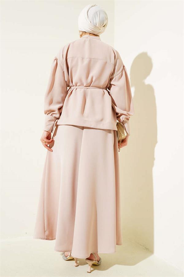 Balloon Sleeve Waist Rope Tied 2 Piece Set Beige