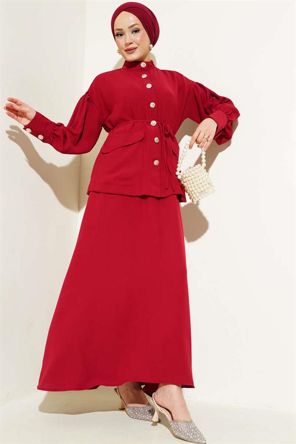 Balloon Sleeve Waist Rope Tied 2 Piece Set Claret Red