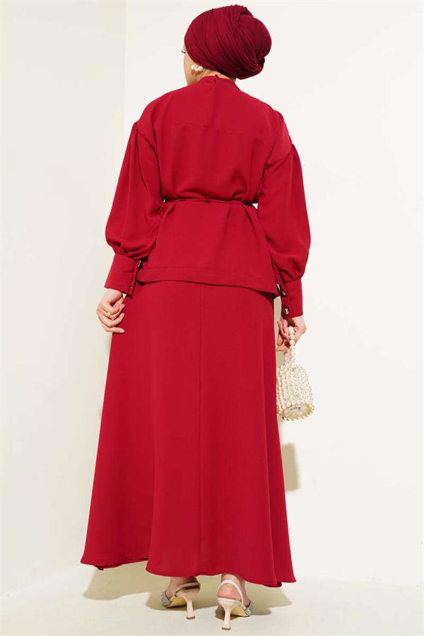 Balloon Sleeve Waist Rope Tied 2 Piece Set Claret Red