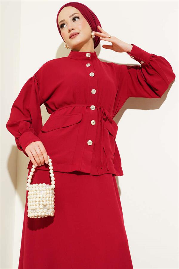 Balloon Sleeve Waist Rope Tied 2 Piece Set Claret Red