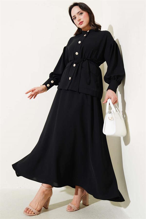 Balloon Sleeve Waist Rope Tied 2 Piece Set Black
