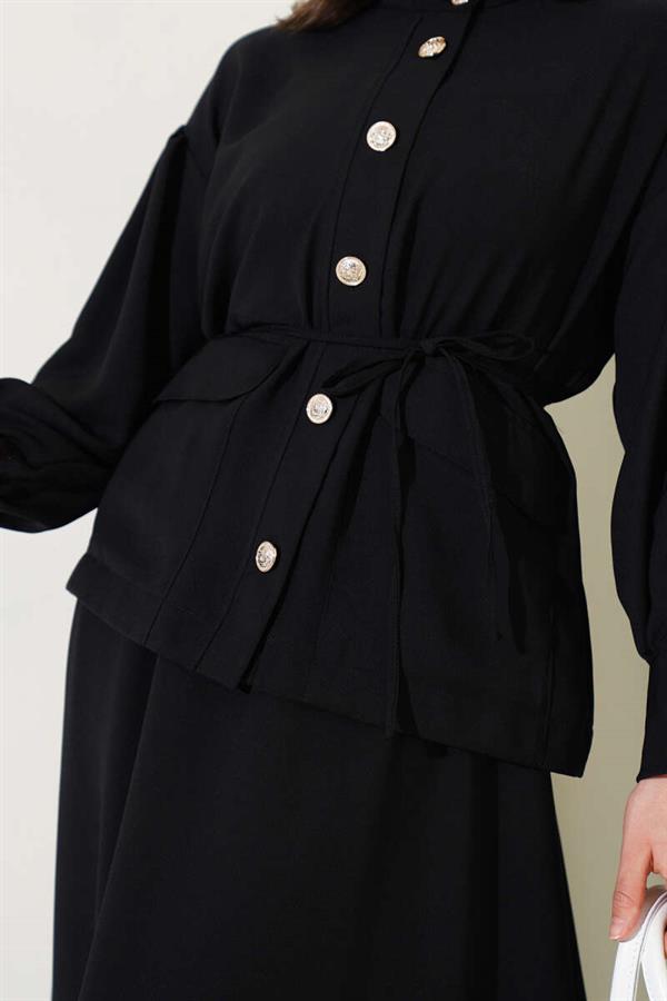 Balloon Sleeve Waist Rope Tied 2 Piece Set Black