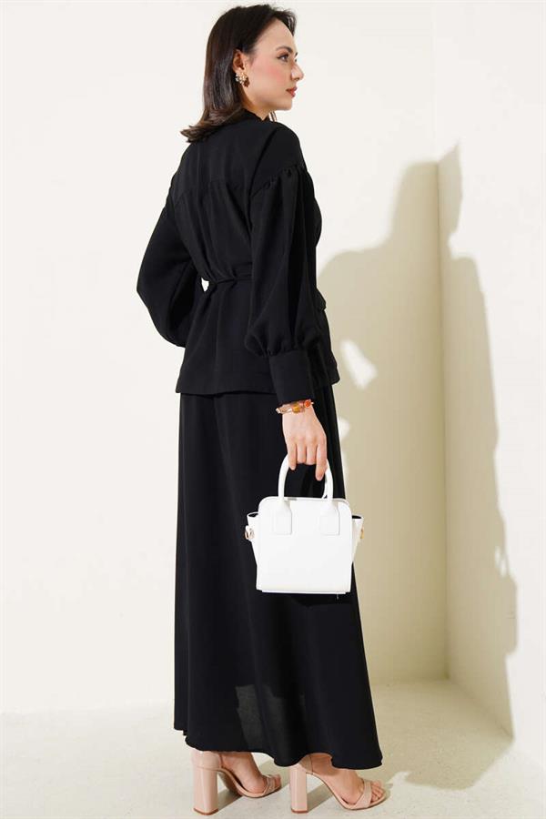 Balloon Sleeve Waist Rope Tied 2 Piece Set Black