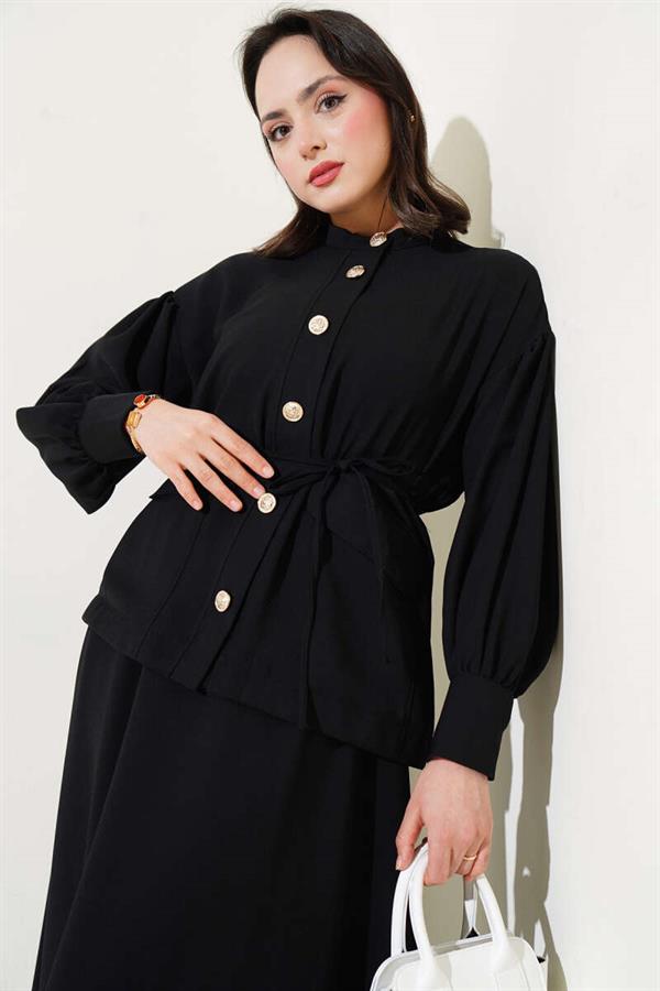 Balloon Sleeve Waist Rope Tied 2 Piece Set Black