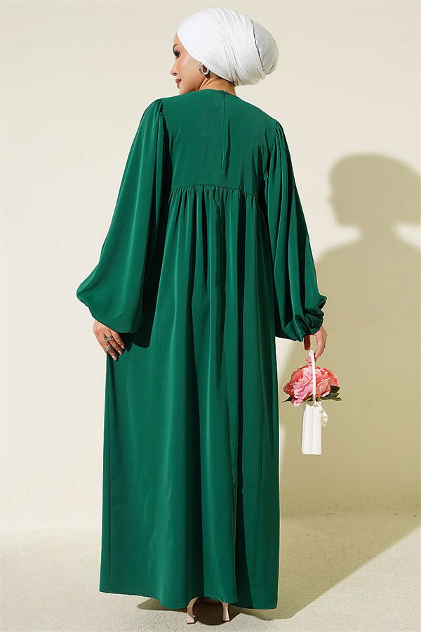 Balloon Sleeve Dress with Elastic Cuffs, Green