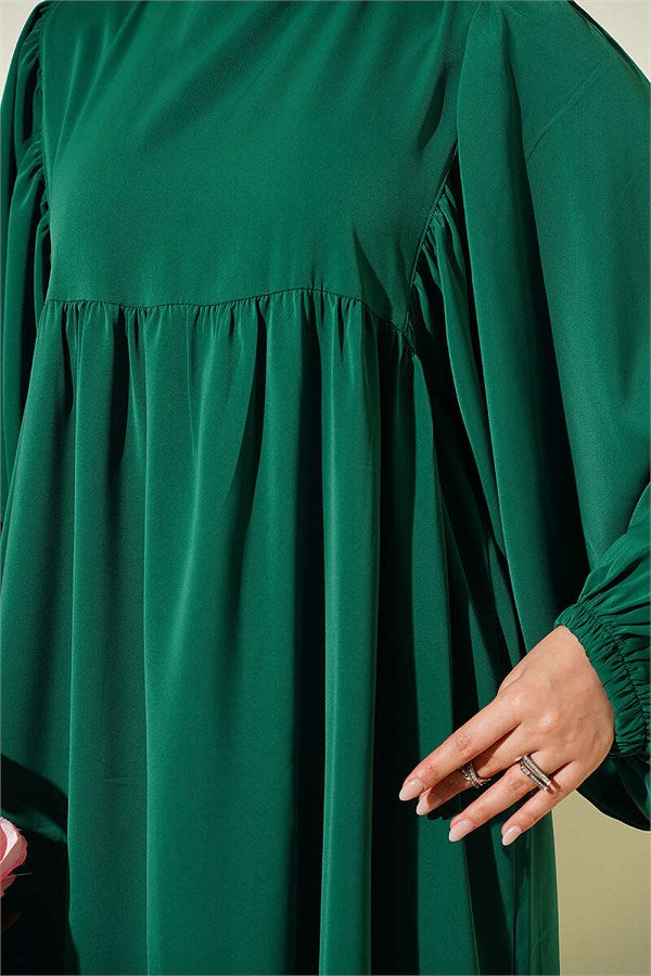Balloon Sleeve Dress with Elastic Cuffs, Green