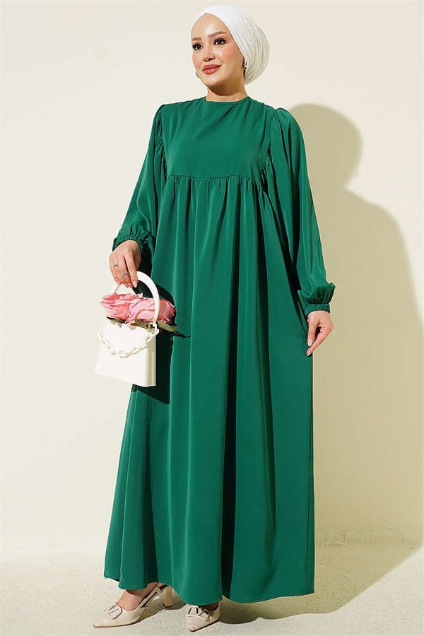 Balloon Sleeve Dress with Elastic Cuffs, Green