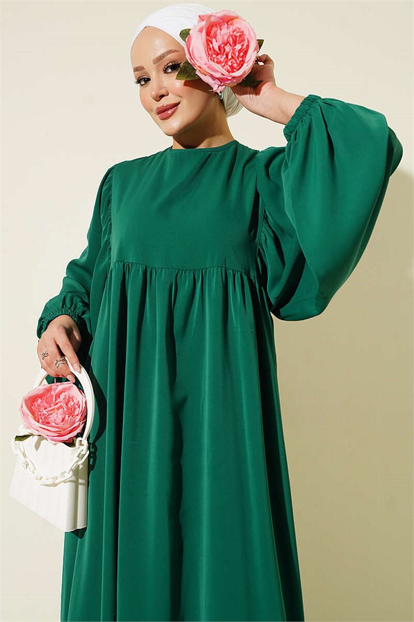 Balloon Sleeve Dress with Elastic Cuffs, Green