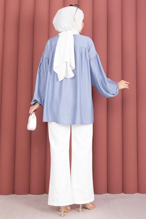 Balloon Sleeve Gathered Tunic Baby Blue