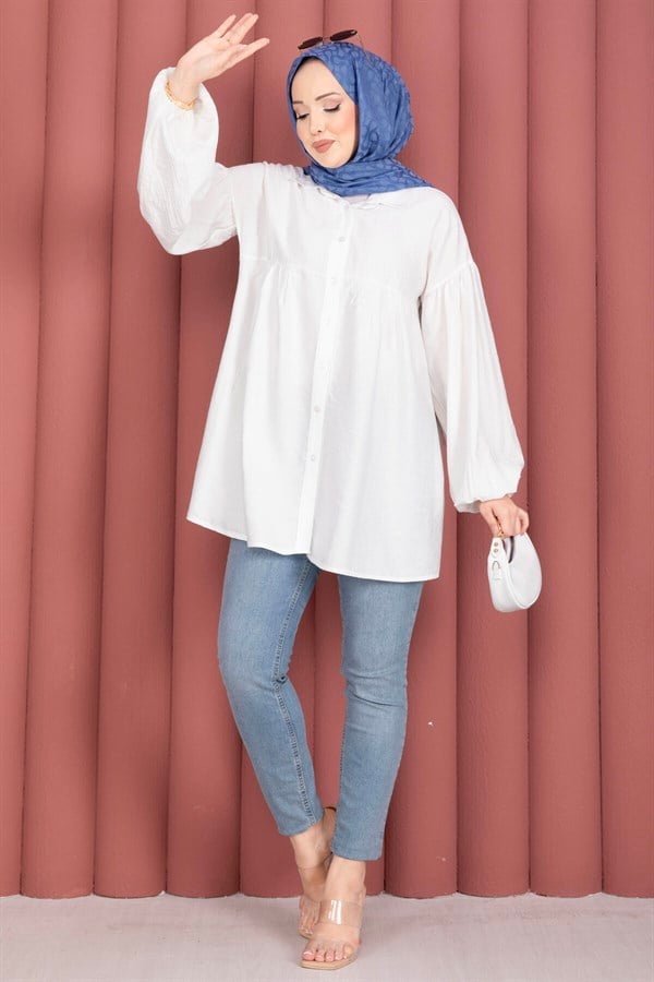 Balloon Sleeve Gathered Tunic White