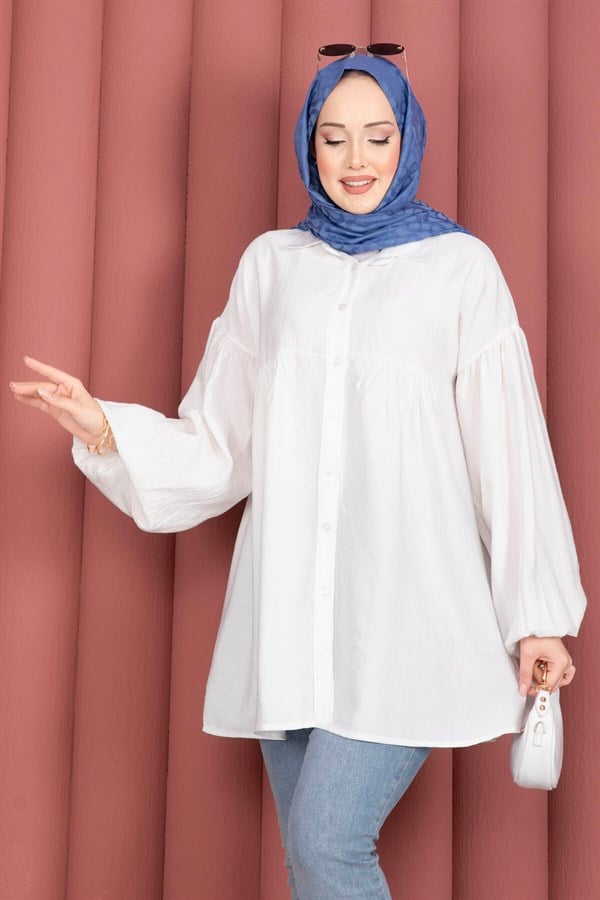 Balloon Sleeve Gathered Tunic White