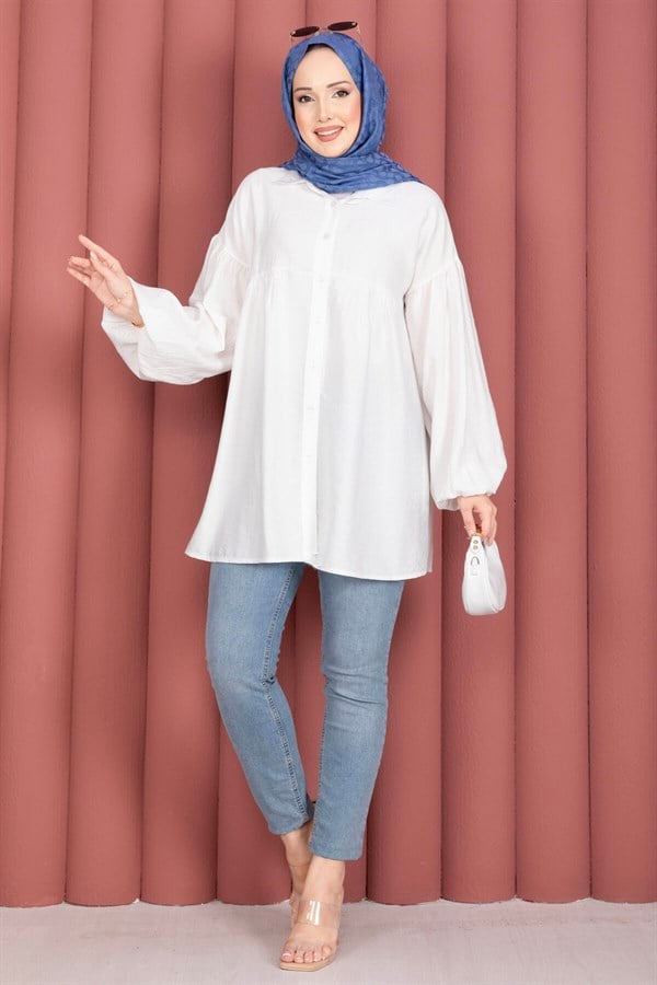 Balloon Sleeve Gathered Tunic White