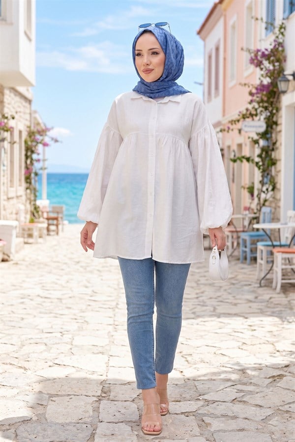 Balloon Sleeve Gathered Tunic White