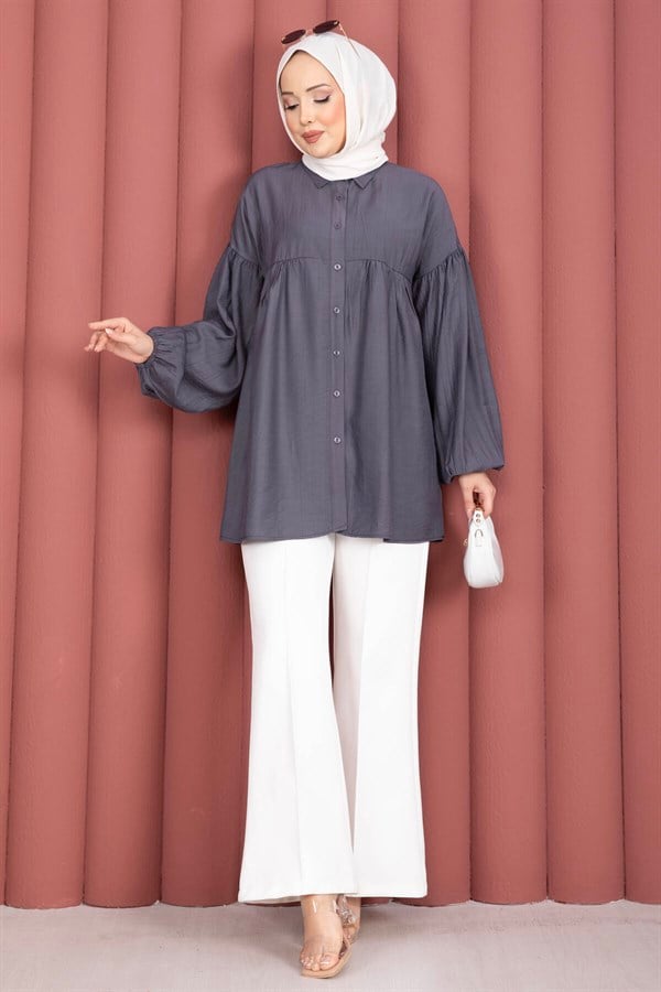 Balloon Sleeve Gathered Tunic, Smoke Grey