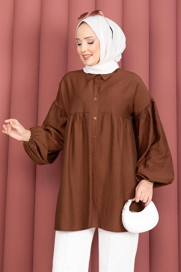 Balloon Sleeve Gathered Tunic, Brown