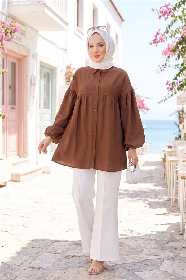 Balloon Sleeve Gathered Tunic, Brown