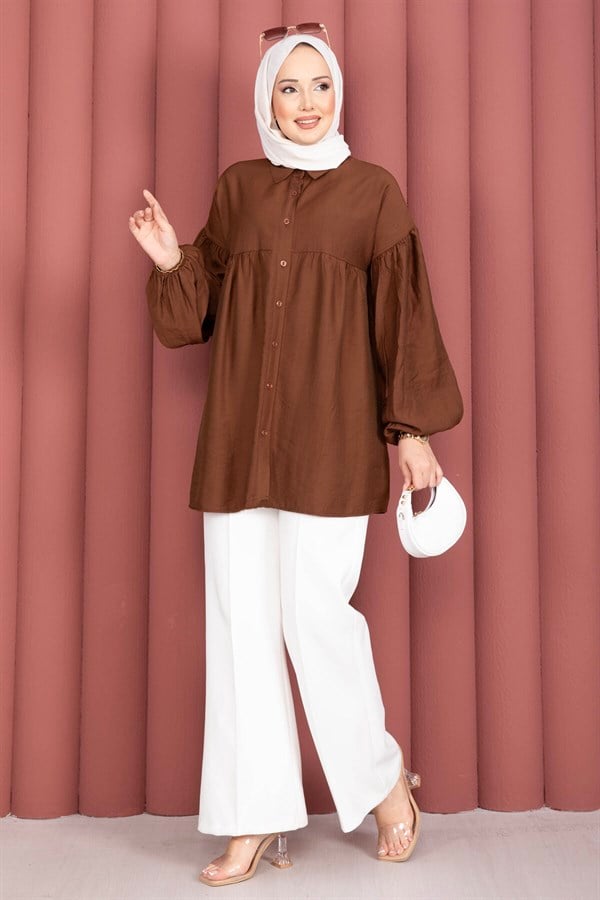 Balloon Sleeve Gathered Tunic, Brown