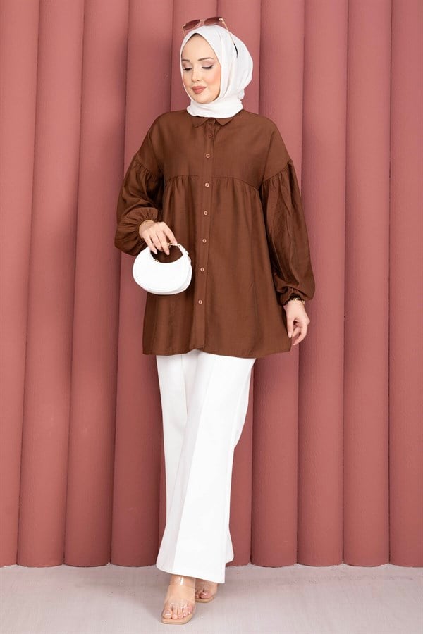 Balloon Sleeve Gathered Tunic, Brown