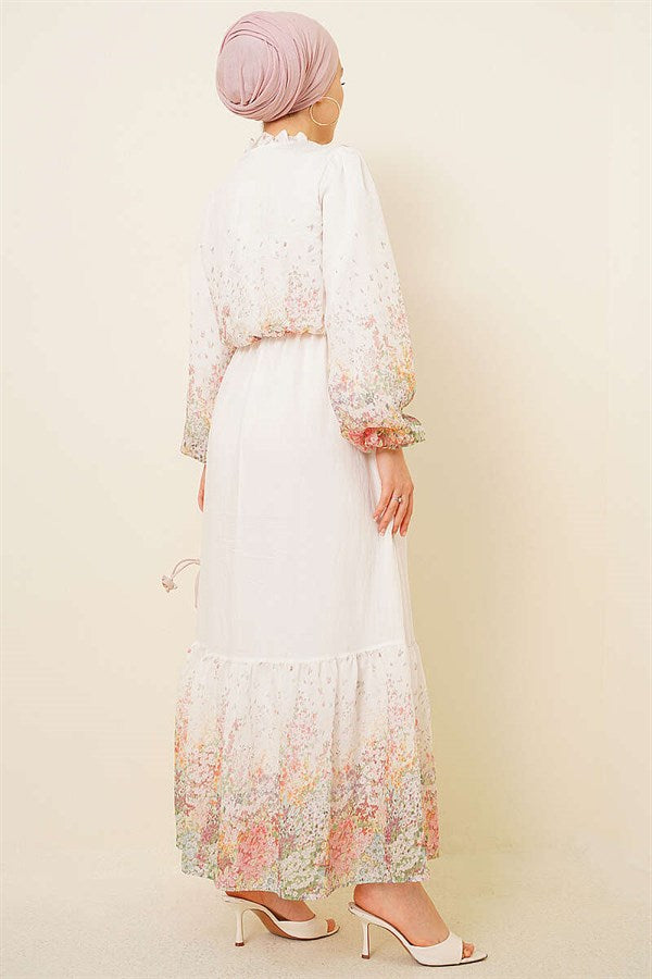 Balloon Sleeve Floral Patterned Chiffon Dress, Ecru