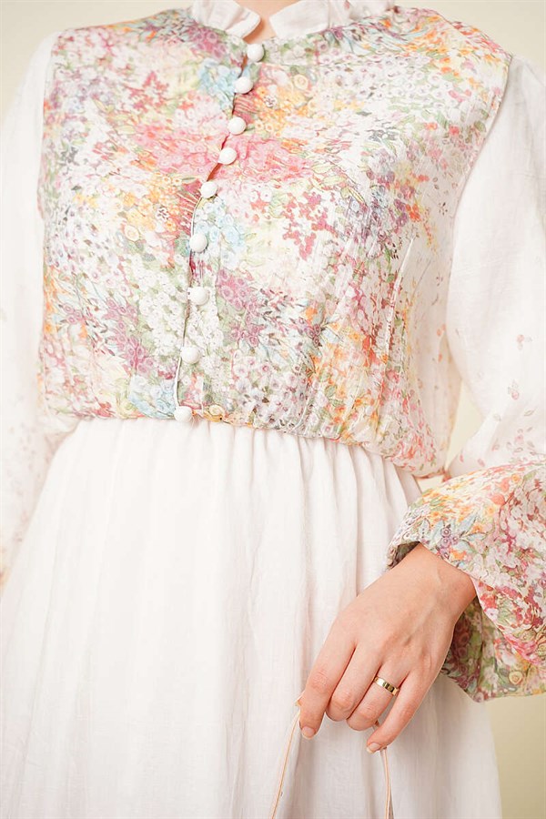 Balloon Sleeve Floral Patterned Chiffon Dress, Ecru