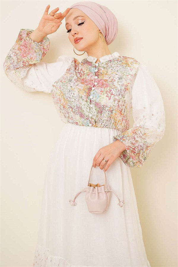 Balloon Sleeve Floral Patterned Chiffon Dress, Ecru