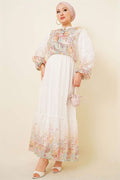 Balloon Sleeve Floral Patterned Chiffon Dress, Ecru