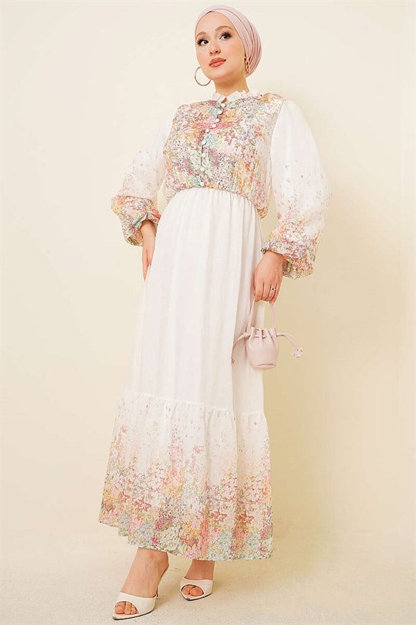 Balloon Sleeve Floral Patterned Chiffon Dress, Ecru