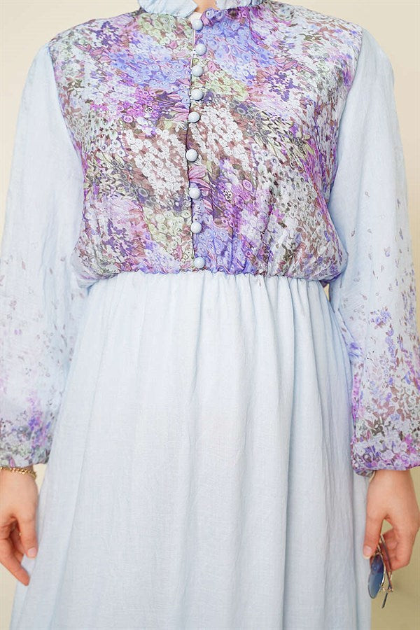 Balloon Sleeve Floral Pattern Chiffon Dress Blue