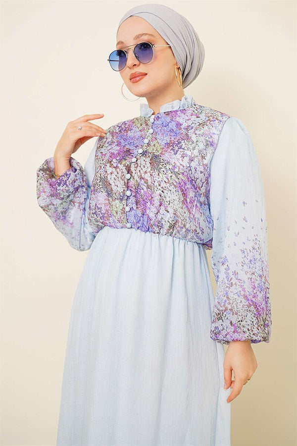 Balloon Sleeve Floral Pattern Chiffon Dress Blue