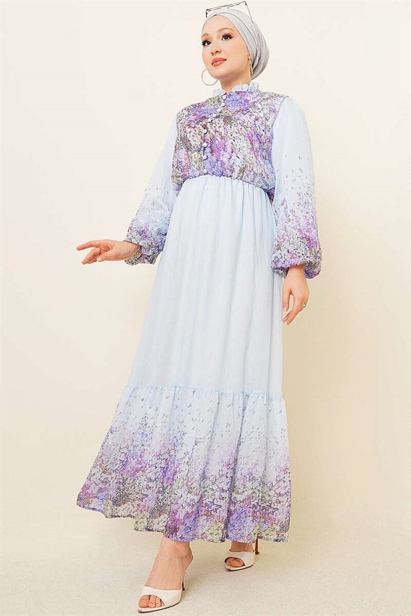 Balloon Sleeve Floral Pattern Chiffon Dress Blue