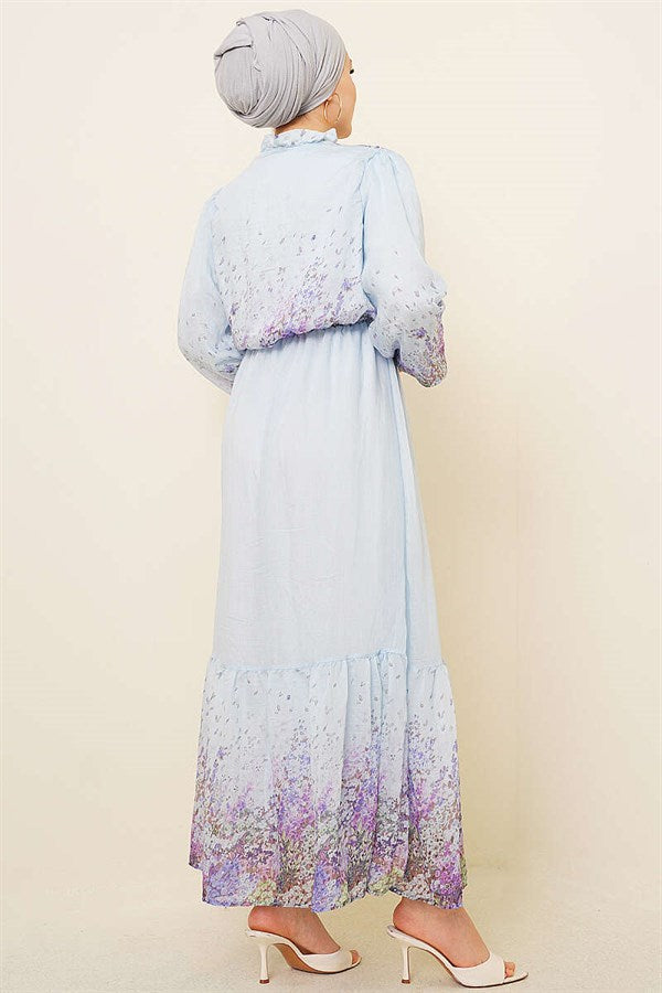 Balloon Sleeve Floral Pattern Chiffon Dress Blue