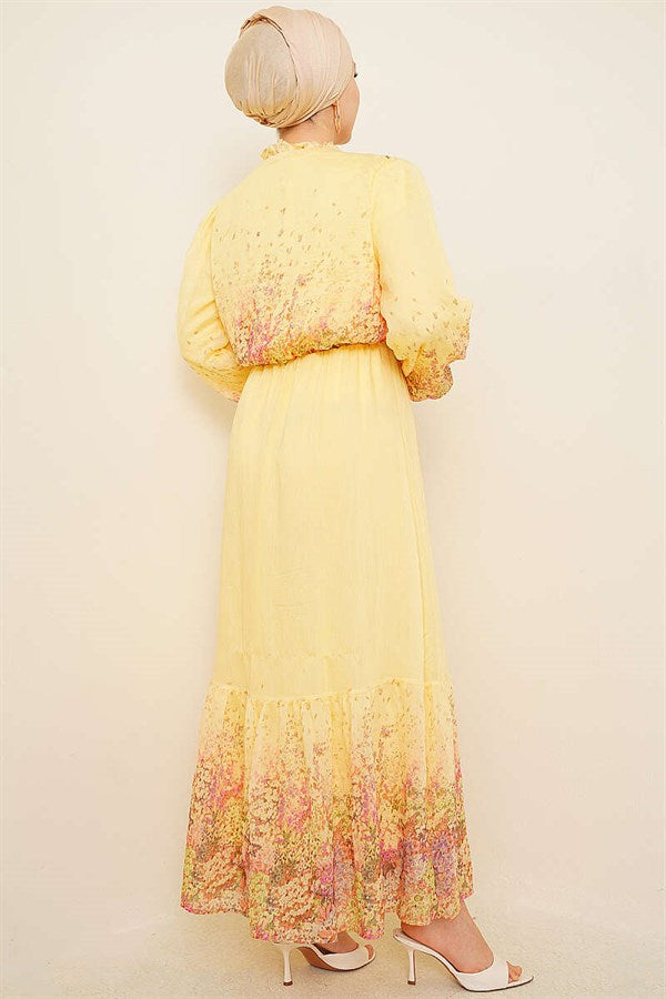 Balloon Sleeve Floral Patterned Chiffon Dress Yellow