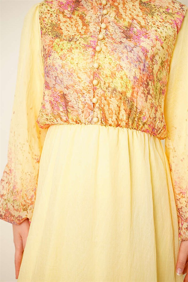 Balloon Sleeve Floral Patterned Chiffon Dress Yellow
