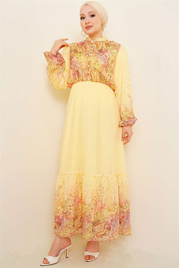 Balloon Sleeve Floral Patterned Chiffon Dress Yellow