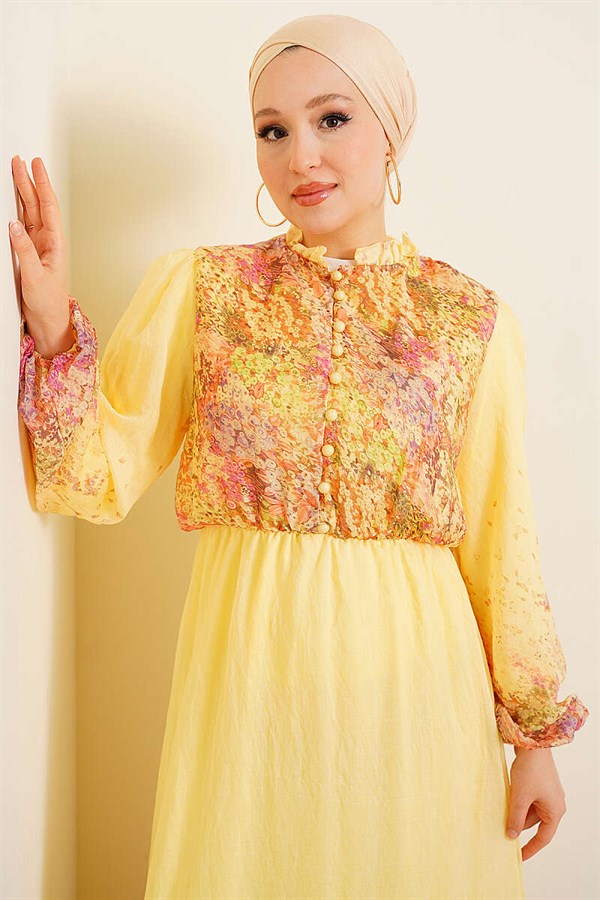 Balloon Sleeve Floral Patterned Chiffon Dress Yellow