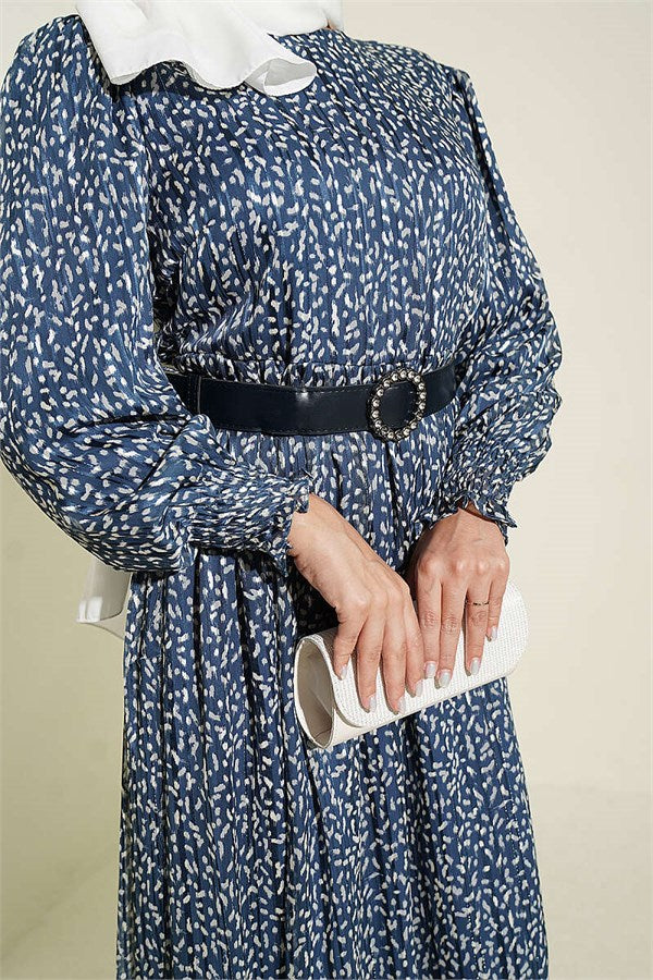 Balloon Sleeve Patterned Chiffon Dress Blue