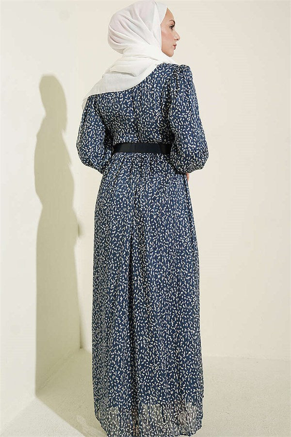 Balloon Sleeve Patterned Chiffon Dress Blue