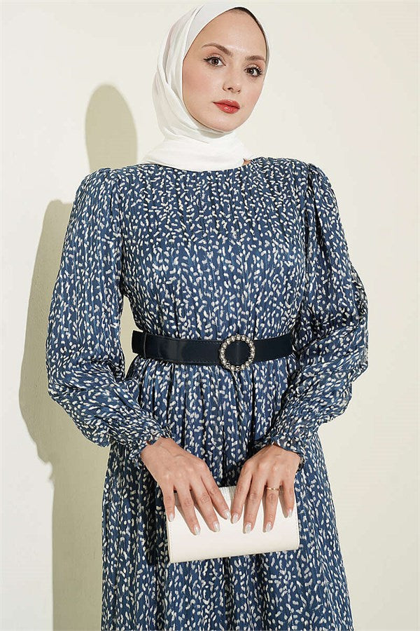 Balloon Sleeve Patterned Chiffon Dress Blue