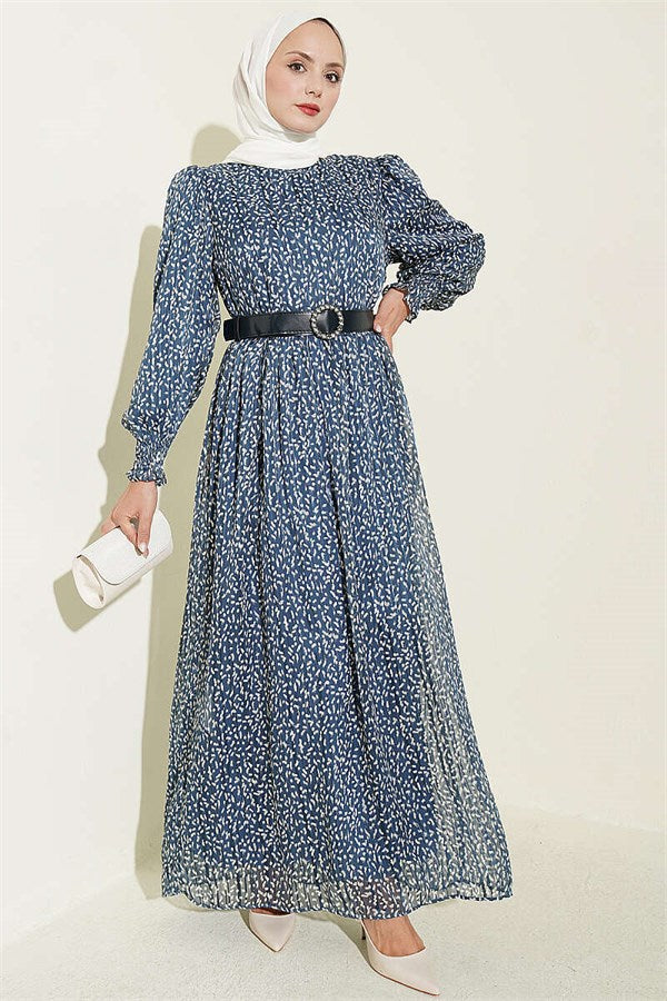 Balloon Sleeve Patterned Chiffon Dress Blue