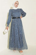 Balloon Sleeve Patterned Chiffon Dress Blue