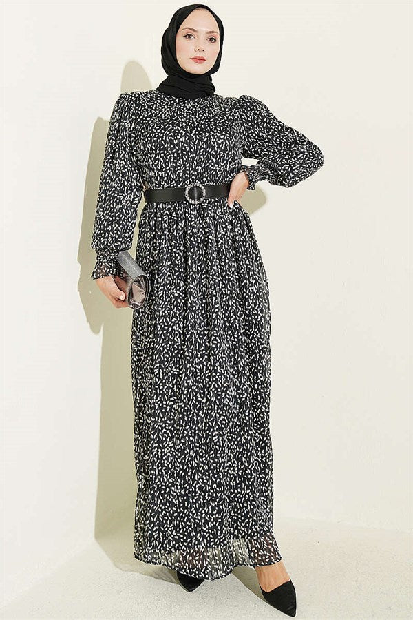 Balloon Sleeve Patterned Chiffon Dress Black
