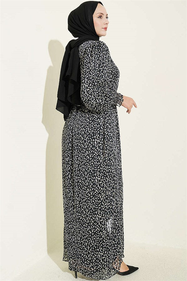 Balloon Sleeve Patterned Chiffon Dress Black