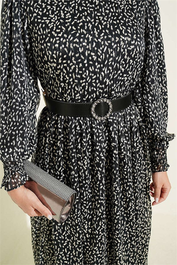 Balloon Sleeve Patterned Chiffon Dress Black