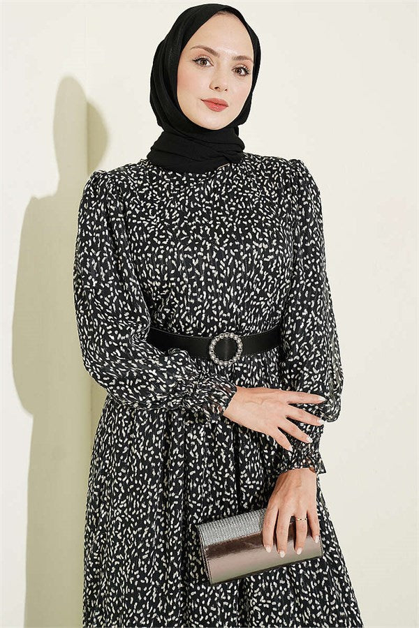 Balloon Sleeve Patterned Chiffon Dress Black